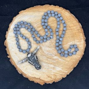 ❌SOLD Beaded Lava Stone Bull Skull Charm Mala Necklace